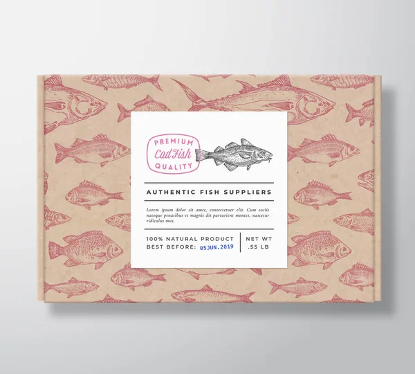 Banner 'lı Balık Desenli Gerçekçi Karton Kutu. Soyut Vektör Paket Tasarımı veya Etiketi. Modern Typography, Hand Drawn Cod Silhouette. Kağıtların Arkaplan Düzenlemesi. — Stok Vektör