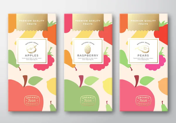 Verpackungsdesign für getrocknete Früchte - Layout Collection. Abstraktes Vector Paper Box mit Frucht- und Beeren-Muster Hintergrundcover. Moderne Typografie und handgezeichnete Äpfel, Birnen und Himbeeren. — Stockvektor