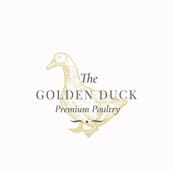 The Golden Duck Abstract Vector Sign, Symbol nebo Logo Template. Ručně kreslený domácí pták Sillhouette s Retro Typografií. Vintage Luxury Vector Emblem. — Stockový vektor