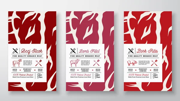 Conjunto de cobertura de etiquetas de carne de vetor abstrato de qualidade premium. Design de embalagem. Tipografia moderna e mão desenhado Vaca, Ovelhas e Porco Silhuetas Layouts de fundo. — Vetor de Stock