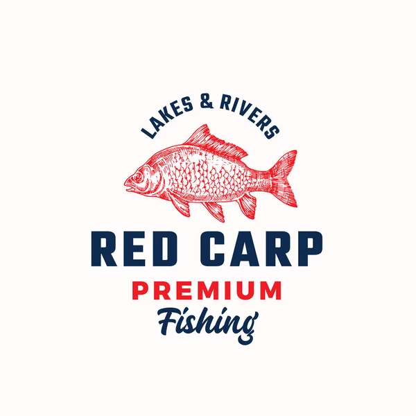 Premium Fishing Abstract Vector Sign, Symbol or Logo Template. Hand Drawn Red Carp Fish with Classy Retro Typography. Vintage Vector Emblem. — Stock Vector