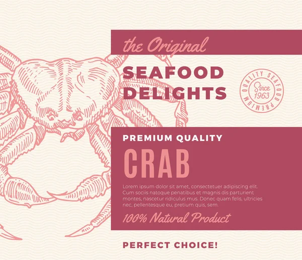 Delizie di pesce di qualità premium. Design astratto del packaging vettoriale o etichetta. Tipografia moderna e disegno a mano Granchio Silhouette Sfondo Layout — Vettoriale Stock