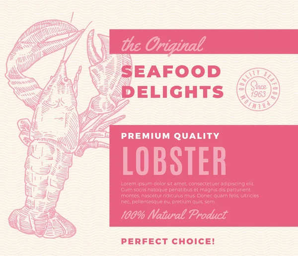 Delizie di pesce di qualità premium. Design astratto del packaging vettoriale o etichetta. Tipografia moderna e disegno a mano Lobster Silhouette Sfondo Layout — Vettoriale Stock