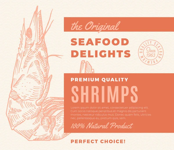 Premium Quality Seafood Delights. Abstract Vector Packaging Design or Label. Modern Typography and Hand Drawn Shrimp or Prawn Silhouette Background Layout — Stock Vector