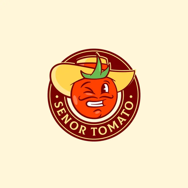 Senor Pomodoro Astratto Vettoriale Segno, Simbolo o Modello Logo. Divertente sorridente e ammiccante uomo spagnolo faccia in un cappello. Emblema alimentare vegetale retrò tipografia. — Vettoriale Stock