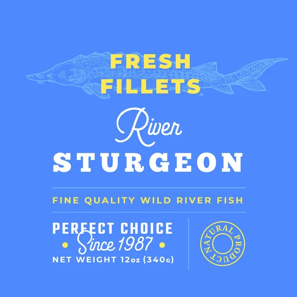 Fresh Fillets Premium Quality Label . Abstract Vector Fish Packaging Design Layout. Retro Typography with Borders and Hand Drawn Sturgeon or Beluga Silhouette Background — Stock Vector