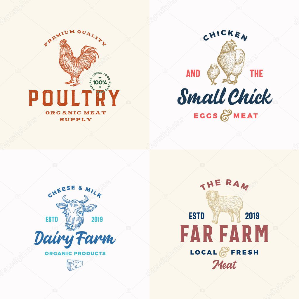 Farm Meat, Cheese and Poultry Logos Set. Abstract Vector Signs or Symbols Templates. Hand Drawn Domestic Animals and Birds with Retro Typography. Vintage Emblems. Isolated.