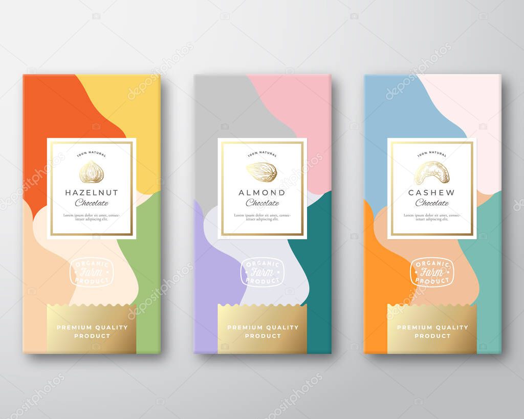 Hazelnut, Cashew and Almond Chocolate Labels Set. Abstract Vector Packaging Design Layout with Soft Realistic Shadows. Modern Typography, Hand Drawn Nuts Silhouettes and Colorful Background.