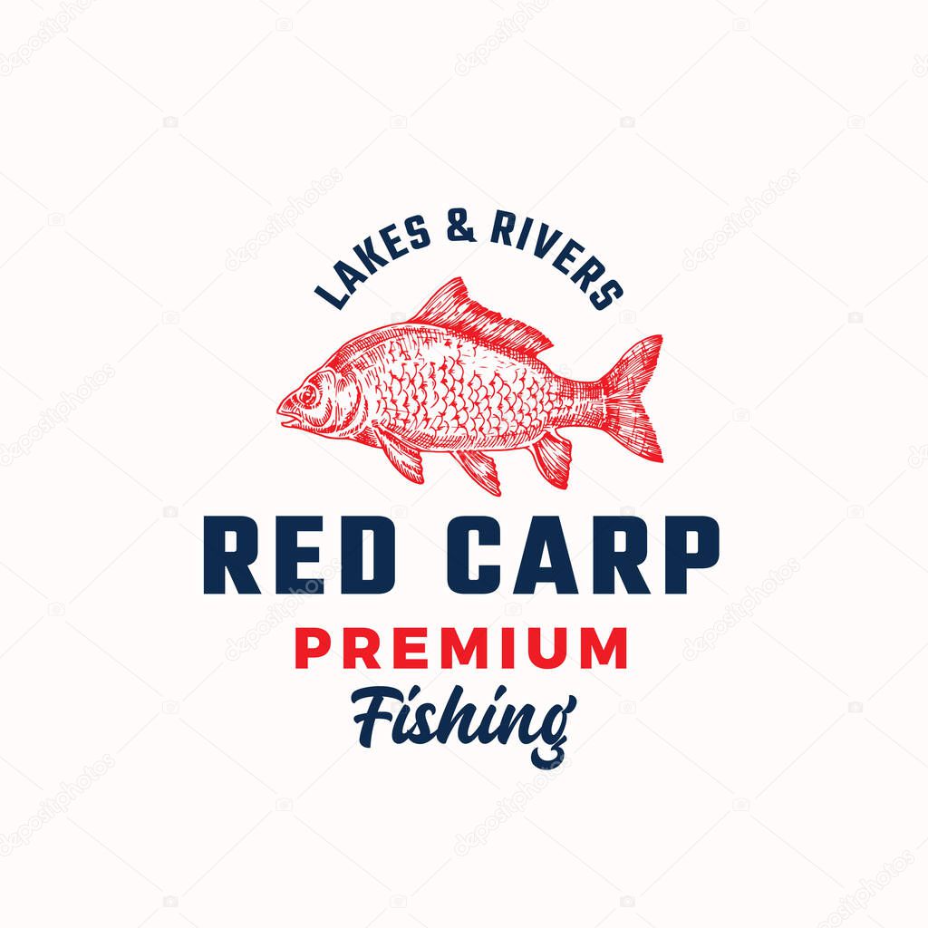 Premium Fishing Abstract Vector Sign, Symbol or Logo Template. Hand Drawn Red Carp Fish with Classy Retro Typography. Vintage Vector Emblem. Isolated.