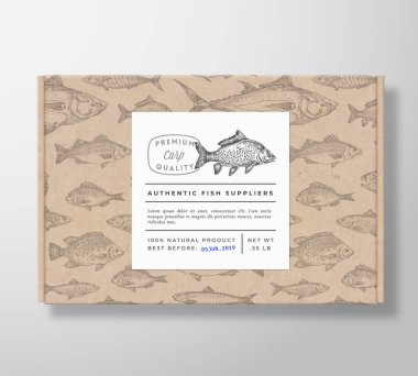 Banner 'lı Balık Desenli Gerçekçi Karton Kutu. Soyut Vektör Paket Tasarımı veya Etiketi. Modern Typography, Hand Drawn Carp Silhouette. Kağıtların Arkaplan Düzenlemesi.