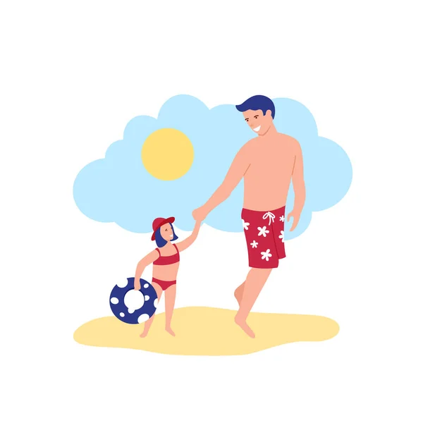 Pai feliz e filha indo para o mar em trajes de natação com Inflatabe Toy Circle Under the Blue Sky e Bright Sun. Descanso de estilo plano em uma ilustração de praia. — Vetor de Stock