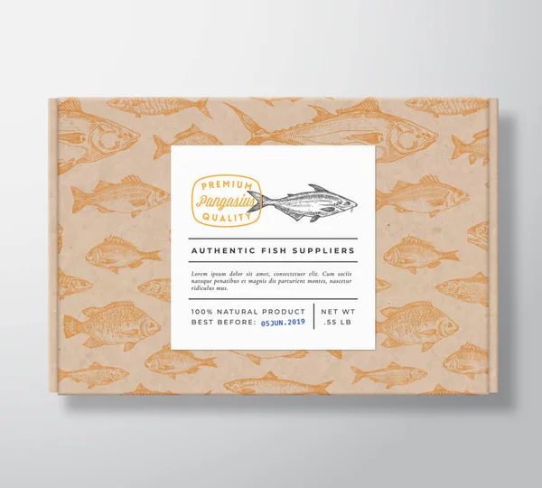 Banner 'lı Balık Desenli Gerçekçi Karton Kutu. Soyut Vektör Paket Tasarımı veya Etiketi. Modern Typography, Hand Drawn Pangasius veya Basa Silhouette. Kağıtların Arkaplan Düzenlemesi. — Stok Vektör