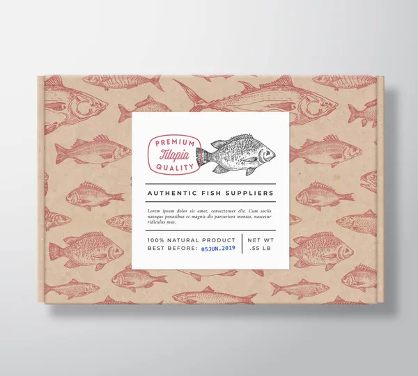 Banner 'lı Balık Desenli Gerçekçi Karton Kutu. Soyut Vektör Paket Tasarımı veya Etiketi. Modern Typography, Hand Drawn Tilapia Silhouette. Kağıtların Arkaplan Düzenlemesi. — Stok Vektör