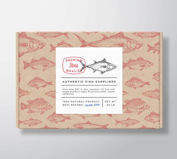 Caixa de papelão realista de padrão de peixe com bandeira. Abstract Vector Packaging Design ou Label. Tipografia moderna, silhueta de atum desenhada à mão. Layout de fundo de papel artesanal. —  Vetores de Stock