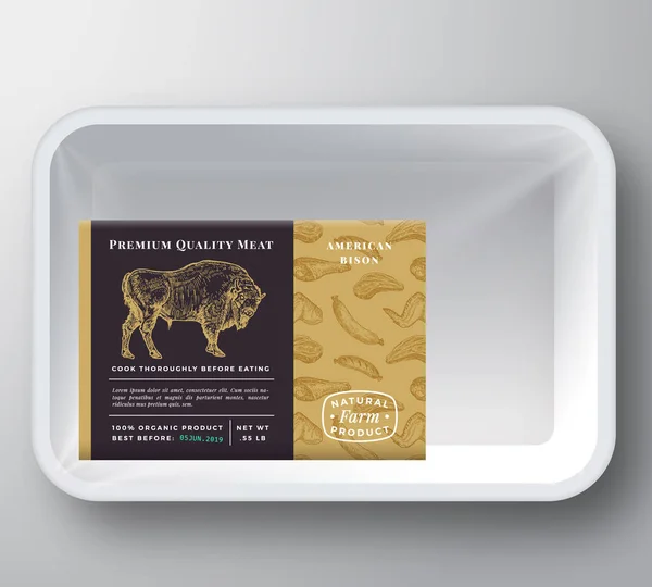 Bison Abstract Vector Plastic Tray Pokrywa pojemnika. Najwyższej jakości projekt etykiet do pakowania mięsa. Ręcznie rysowane Buffalo Bull, stek, kiełbasa, skrzydełka i nogi szkic wzór tła. — Wektor stockowy