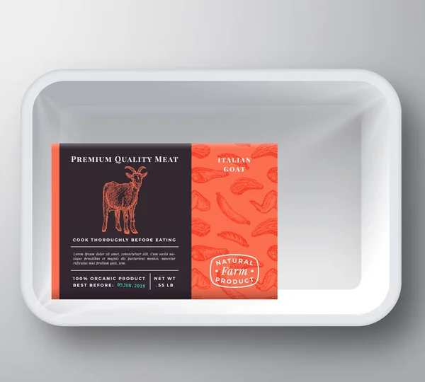 Pokrywa pojemnika z tworzywa sztucznego typu Goat Abstract Vector. Najwyższej jakości projekt etykiet do pakowania mięsa. Ręcznie rysowane kozy, stek, kiełbasa, skrzydełka i nogi szkic wzór tła. — Wektor stockowy