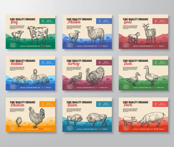Fine Quality Organic Vector Meat Packaging Label Design Collection. Typographie moderne et silhouettes d'animaux domestiques dessinées à la main. Ensemble de mise en page d'arrière-plan de paysage de pâturage rural. — Image vectorielle