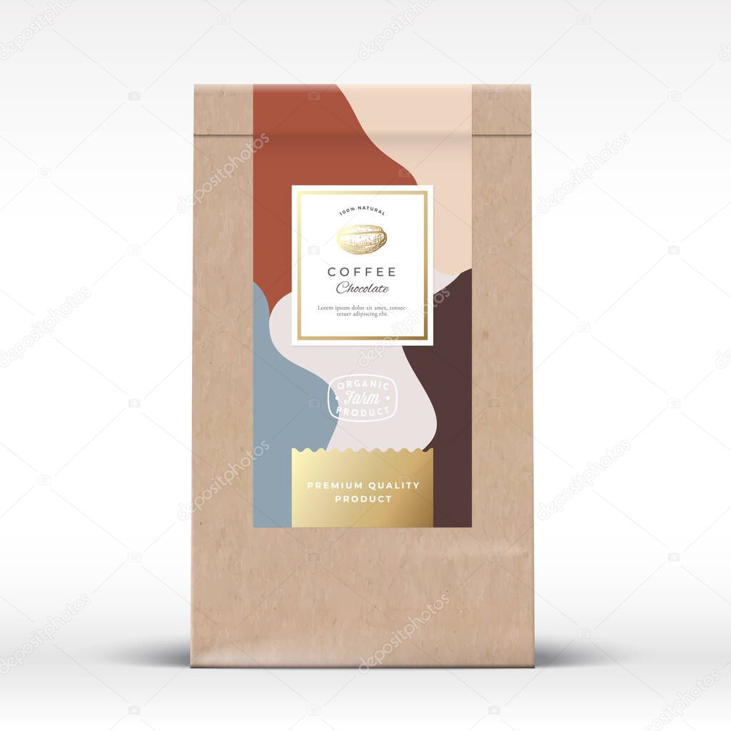 Craft Paper Bag with Coffee Chocolate Label. Abstract Vector Packaging Design Layout with Realistic Shadows. Modern Typography, Hand Drawn Bean Silhouette and Colorful Background.
