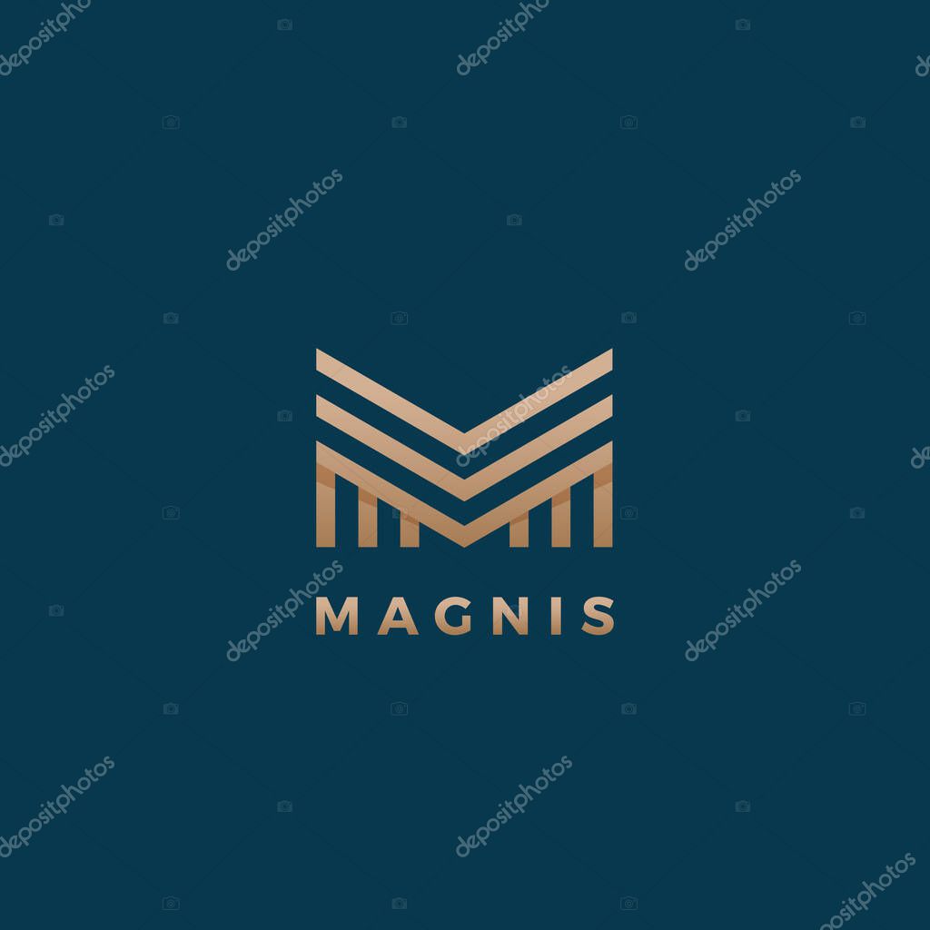 Magnis Abstract Geometry Minimal Vector Sign, Symbol or Logo Template. Premium Line Style Lettering Emblem. Gold with Shadows. Isolated on Dark Background.