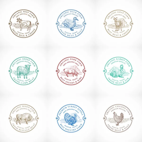 Organic Cattle and Poultry Farm Framed Retro Badges or Logo Templates Set. Hand Drawn Domestic Animals and Farm Landscape Sketches with Retro Typography. Vintage Sketch Emblems Collection. — Stock Vector