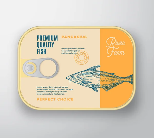 Abstrakter Vector Fisch Aluminiumbehälter mit Etikettendeckel. Retro Premium Dosenverpackungen Design. Moderne Typografie und handgezeichneter Pangasius- oder Basa-Silhouette-Hintergrund-Layout. — Stockvektor