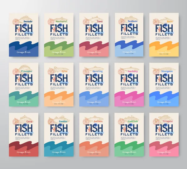 Filety rybne etykiety Big Collection. Streszczenie Vector Fish Packaging Design lub serii kart. Nowoczesna typografia i ręcznie rysowane sylwetki ryb Konstrukcja tła. Miękkie realistyczne cienie. — Wektor stockowy