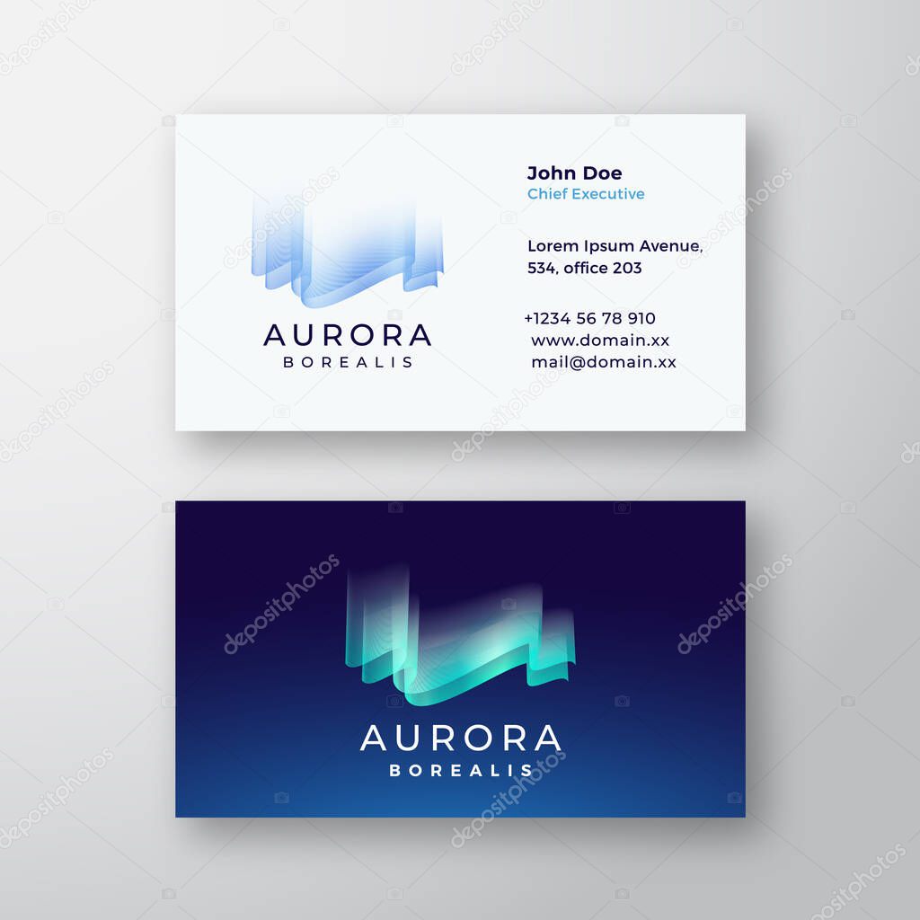 Aurora Borealis Northern Lights Abstract Vector Sign or Logo and Business Card Template. Premium Stationary Realistic Mock Up.