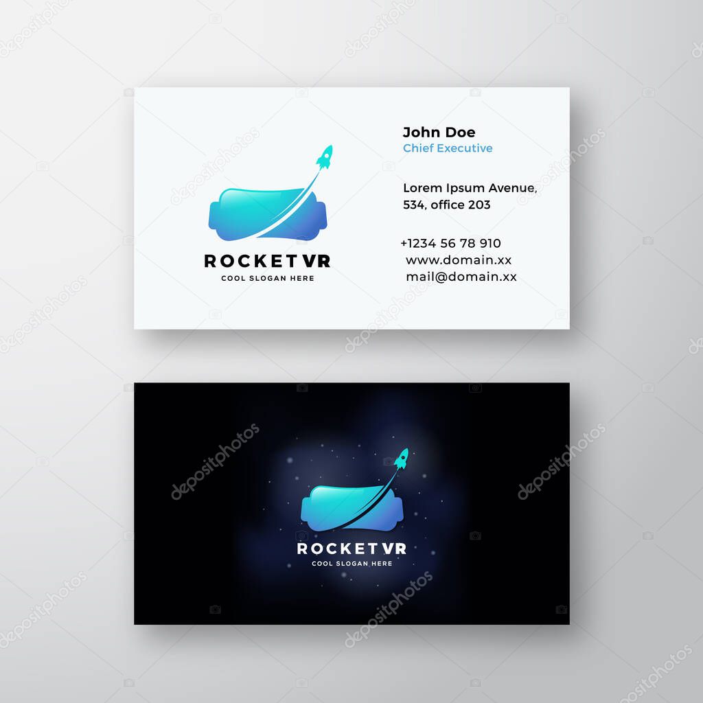 Rocket Virtual Reality Abstract Vector Sign or Logo and Business Card Template. Premium Stationary Realistic Mock Up. Electronic Glasses Silhouette with Rocket on Realistic Space Background. Isolated.