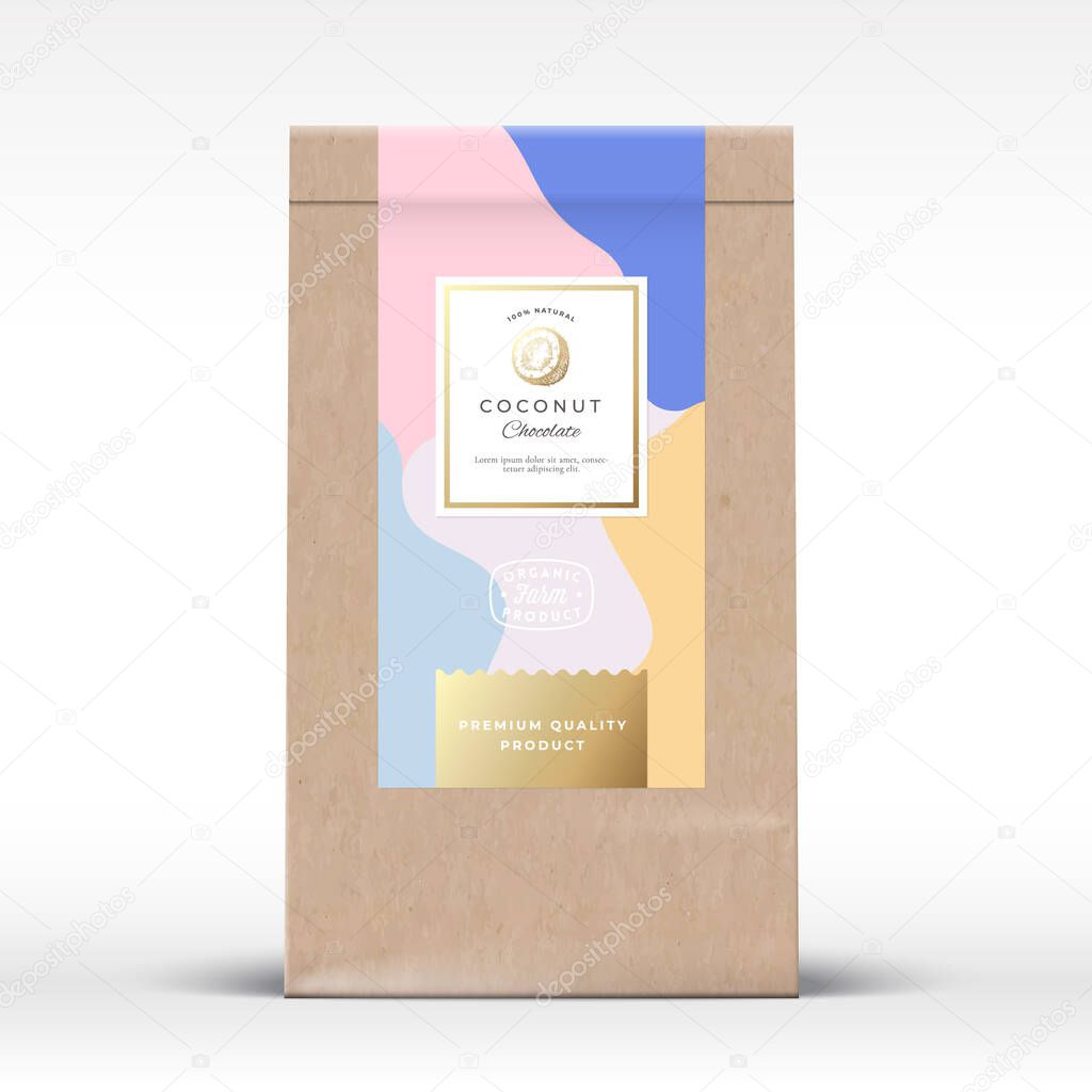 Craft Paper Bag with Coconut Chocolate Label. Abstract Vector Packaging Design Layout with Realistic Shadows. Modern Typography, Hand Drawn Nut Silhouette and Colorful Background.