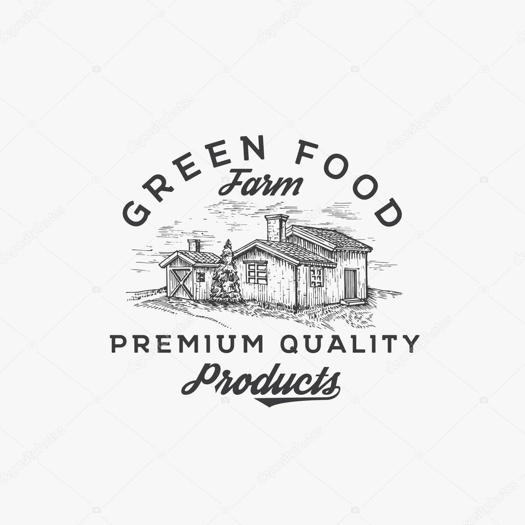 Green Food Farm. Abstract Vector Sign, Symbol or Logo Template. Farm Landscape Drawing Sketch with Retro Typography. Rural Buildings Vintage Emblem. Isolated.