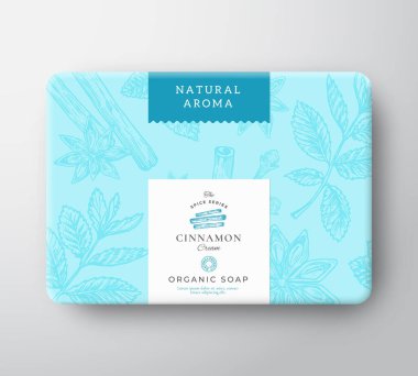 Tarçın Sabunu Karton Kutusu. Etiket Kapaklı Soyut Vektör Paketli Kağıt Kutusu. Paketleme Tasarımı. Modern Tipografi ve El Çizimi Baharatlar Arkaplan Deseni Düzeni.