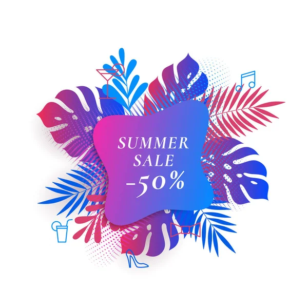 Tropische Palm Leaves Zomer Sale Card of Banner Template. Abstract Gradient Foliage met klassieke typografie. Levendige kleuren en vormen Seizoensgebonden reclame lay-out. — Stockvector