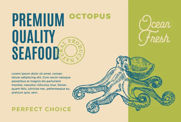 Frutos do mar de qualidade premium. Abstract Vector Packaging Design ou Label. Tipografia moderna e desenho à mão Octopus Silhouette Background Layout —  Vetores de Stock
