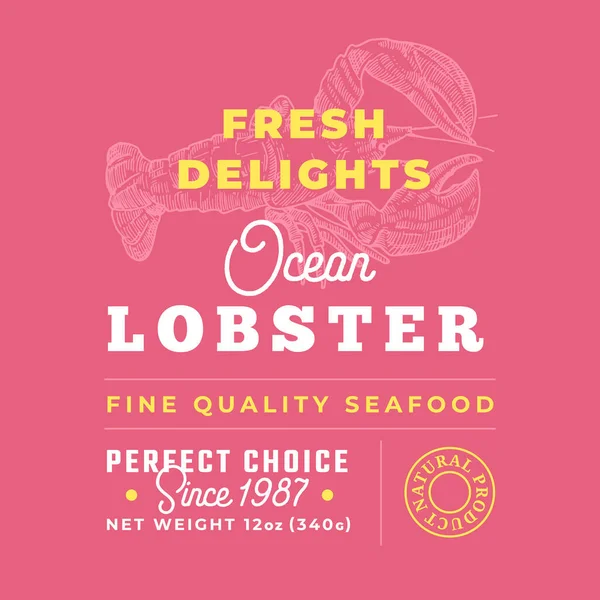 Fresh Seafood Delights Premium Quality Label. Abstrakt Vector Packaging Design Layout. Retro typografie s ohraničením a ručně kreslené humří siluety na pozadí — Stockový vektor