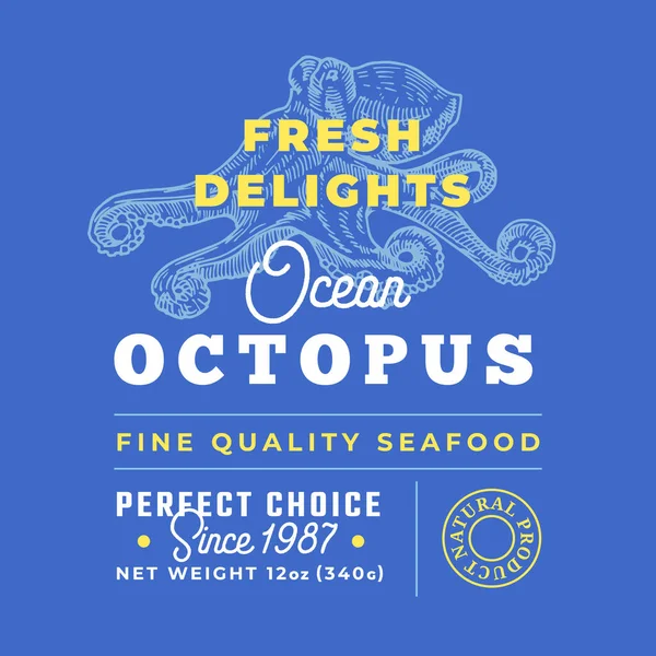 Fresh Seafood Delights Premium kwaliteitslabel. Abstract Vector Packaging Design lay-out. Retro Typografie met randen en met de hand getekend octopus silhouetten achtergrond — Stockvector