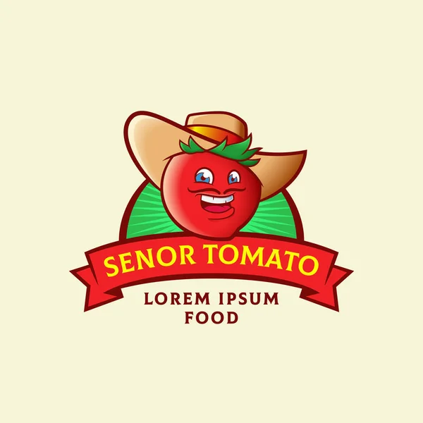 Senor Tomate Abstract Vector Sign, Symbol or Logo Template (em inglês). Engraçado sorrir espanhol Man Moustache Face in a Hat. Retro tipografia vegetal alimento Emblema. — Vetor de Stock