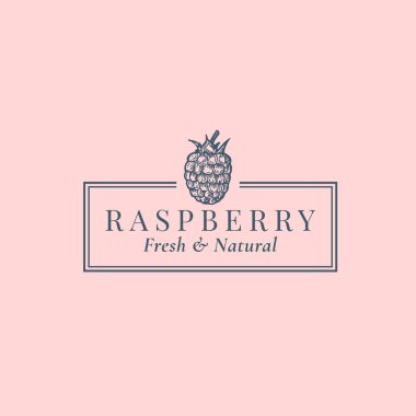 Ahududu Soyut Vektör İşareti, Sembol veya Logo Şablonu. Zarif Retro Typography ve Frame ile El Çizimi Böğürtlen Silüeti Sketch. Klasik Lüks Amblem.