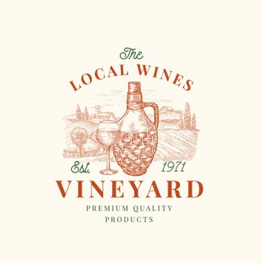 Yerel Şarap Üzüm bağı Retro Rozeti veya Logo Şablonu. Retro tipografili El Çizimi Şişe, Cam ve Şarap Çiftliği Peyzaj Çizimi. Klasik Çizim Amblemi.