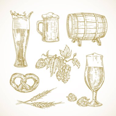 Vektör Bira Çizimleri Ayarlandı. Bardak, Fıçı ya da Fıçı, Hops ve Atıştırmalıkların El Çizimleri.