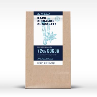 Orijinal Kara Tarçın Çikolatası. Kart Kağıt Torba Ürün Etiketi. Gerçekçi Gölgelerle Soyut Vektör Tasarım Düzeni. Modern Tipografi ve El Çizimi Baharat Silueti.