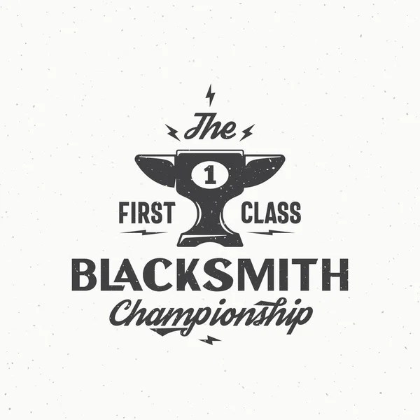 Blacksmith Championship Abstract Vector Vintage Sign, emblemat lub szablon logo. Kielich lub Kielich Patrząc Anvil Ikona z Retro Typografia i Shabby tekstury. — Wektor stockowy