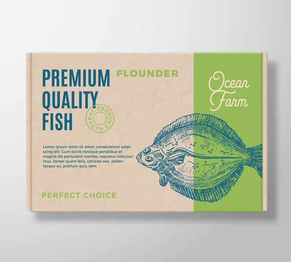 Premium Quality Fish Realistyczne pudełko tekturowe. Abstrakcyjny projekt opakowania wektorowego lub etykieta. Nowoczesna typografia, ręcznie rysowane płaskie ryby lub sylwetka storni. Rzemieślniczy układ tła papieru. — Wektor stockowy