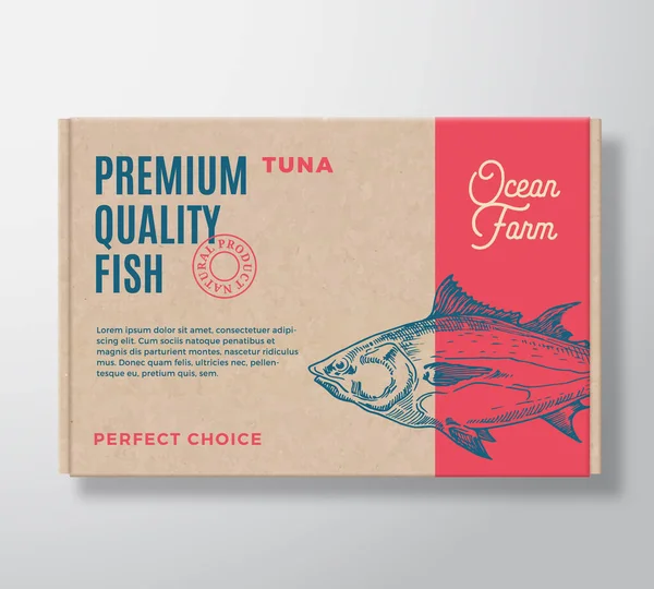 Premium-Qualität Fisch realistischen Karton. Abstraktes Vektorverpackungsdesign oder Etikett. Moderne Typografie, handgezeichnete Thunfischsilhouette. Bastelpapier Hintergrund-Layout. — Stockvektor