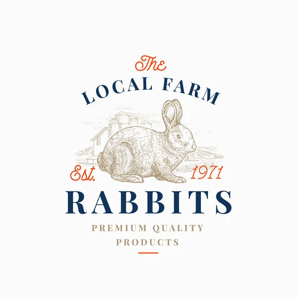 Místní Meat Hare Farm Retro Odznak nebo logo šablony. Ručně kreslený králík a vesnice krajina Skica s Retro Typografie. Znak náčrtu ročníku. — Stockový vektor