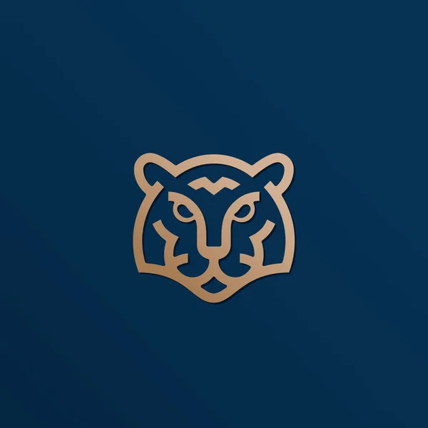 Line Style Golden Tiger Face Absztrakt vektor ikon, szimbólum vagy logó sablon. Vadállat fej Sillhouette modern tipográfiával. Kreatív Ragadozó Kabala Emblem. Kék háttér — Stock Vector