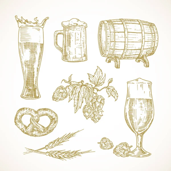 向量啤酒素描集。手工绘制的玻璃杯、桶或桶、壶及小食图解. — 图库矢量图片