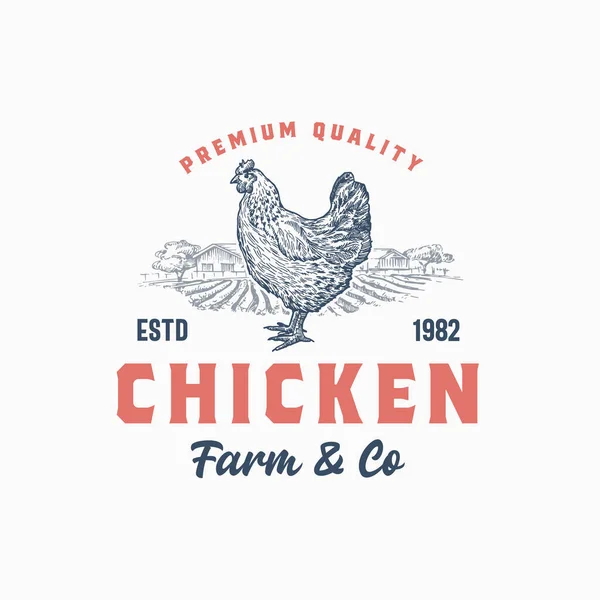 Premium Quality Chicken Farm and Company. Abstraktní vektorový znak, symbol nebo šablona loga. Ručně kreslená slepice Sillhouette s venkovskou krajinou a Retro Typografií. Rustikální symbol drůbeže ročníku. — Stockový vektor