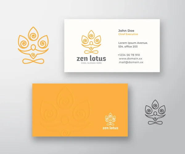 Zen Lotus Logo und Visitenkartenvorlage. Meditation oder Yoga-Symbol. Stilisierte Personenfigur mit Blumenelementen. Stationäre realistische Attrappe. — Stockvektor