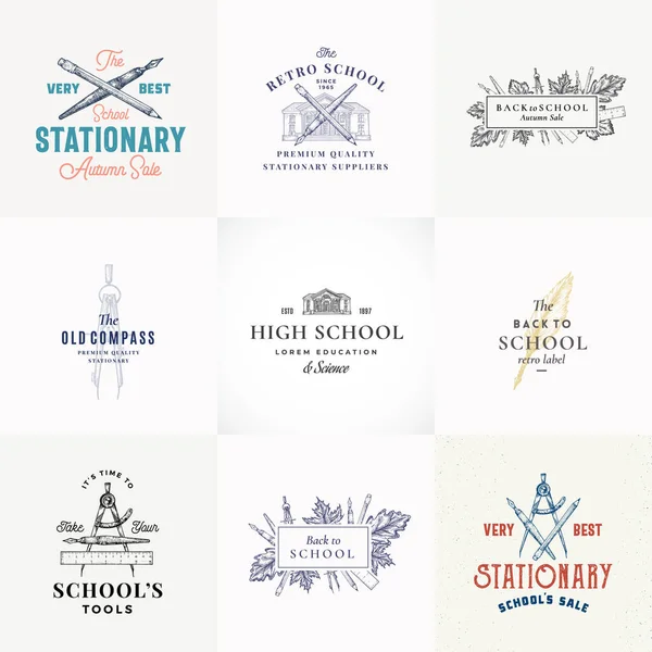 Höstförsäljning Abstrakt vektor tecken, Symbol eller logotyp mallar Set. Retro School Building och stationära skisser med klassig Retro Typografi. Vintage Luxury Education Emblems Collection. — Stock vektor