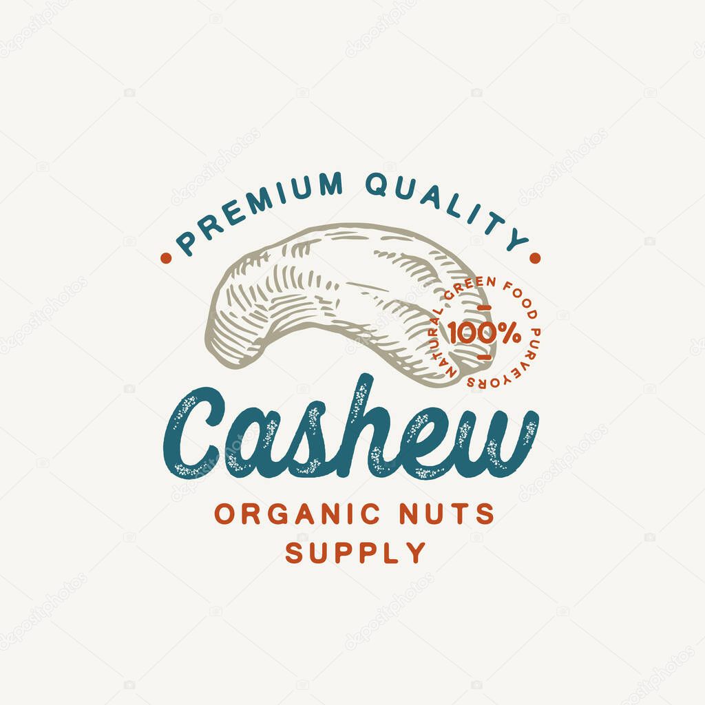 Premium Quality Cashew Abstract Vector Sign, Symbol or Logo Template. Hand Drawn Cashew Nut Sketch Sillhouette with Retro Typography and Seal. Vintage Luxury Emblem.